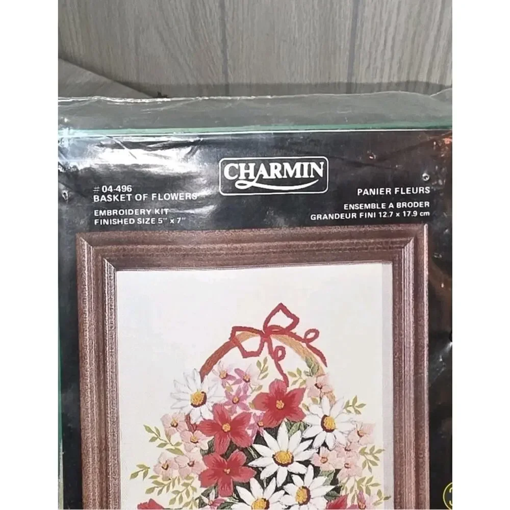 Vtg Charmin Basket Of Flowers Embroidery Kit 5 x 7 New Silk Screen Needlepoint